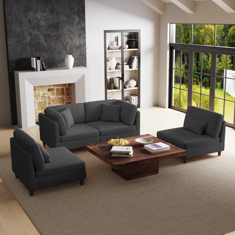 4-Piece Modern Corduroy Modular Sectional Sofa with pillows For Living Room