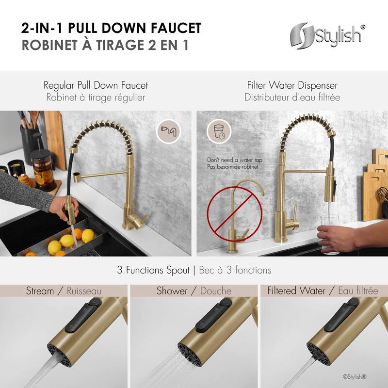 Milano Pull-Down Kitchen Faucet with water filter. Stainless Steel Gold.