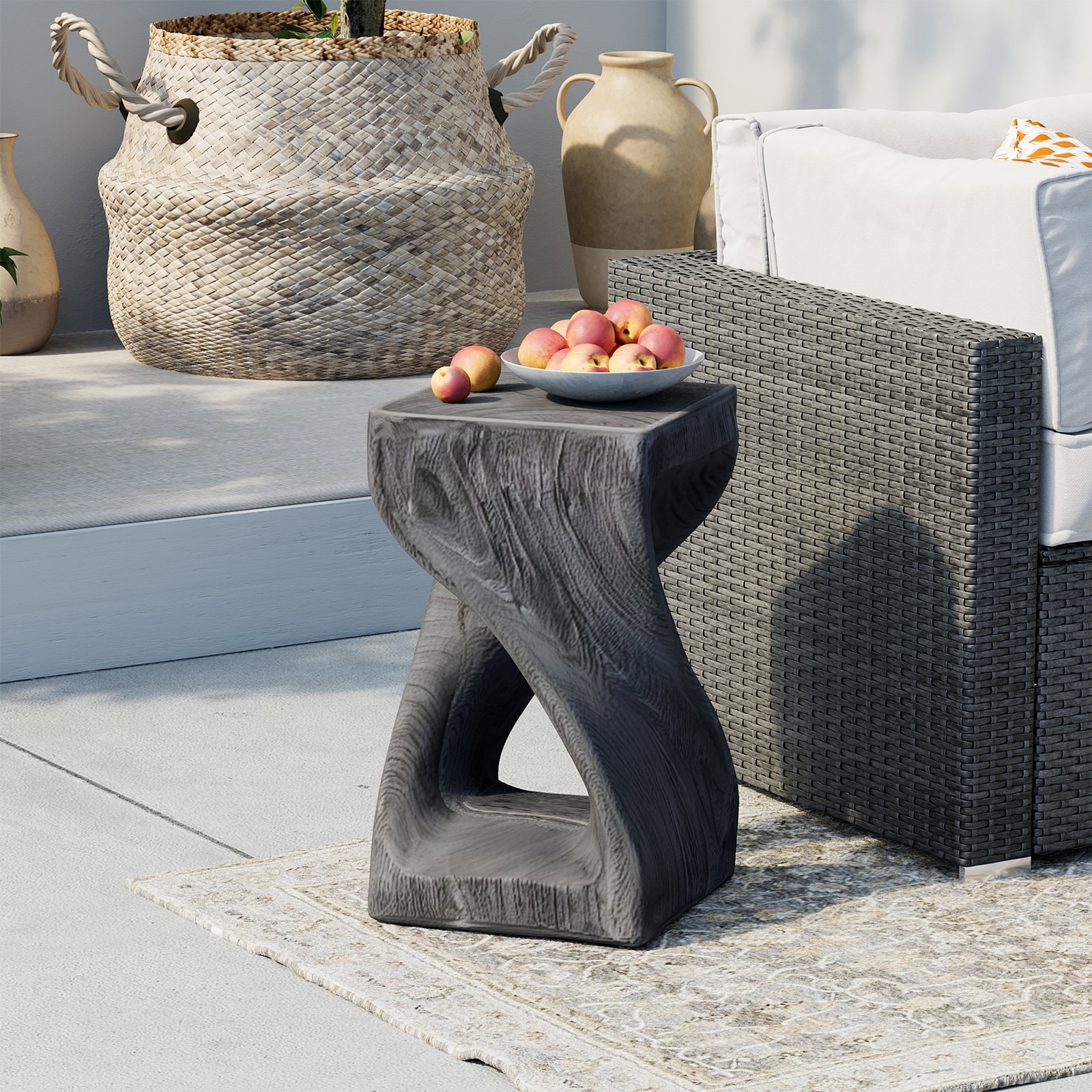 COSIEST Concrete Side Table,Sculptural End Table with Wood-Grain Finish