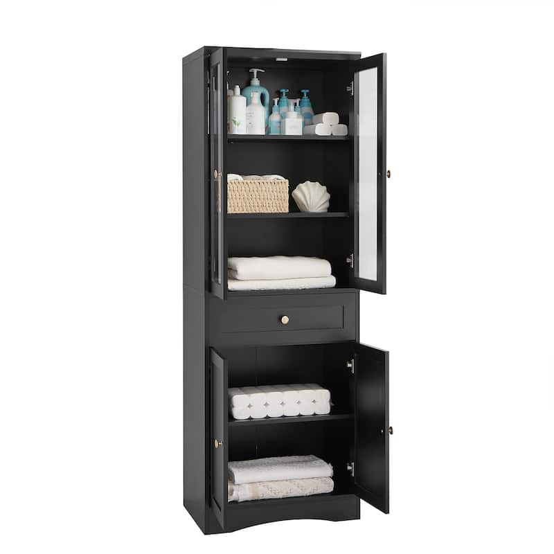 Roomfitters Tall Bathroom Storage Cabinet with Four Doors and Drawers, Adjustable Shelf and MDF Frame, Black