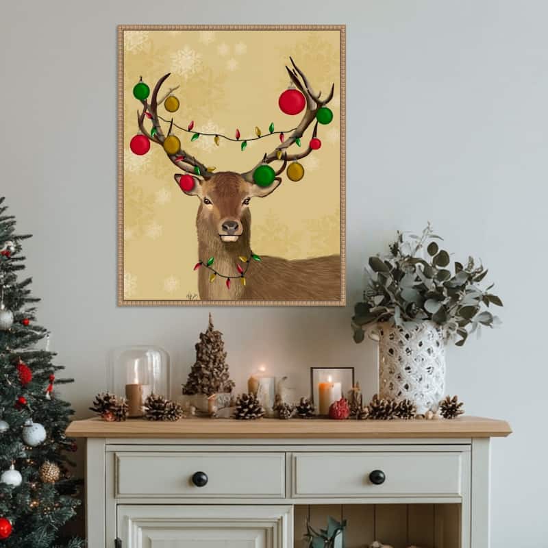 Stag and Baubles by Fab Funky (23 x 28 in.), Framed Canvas Wall Art Print - Sylvie Beaded Rustic Natural