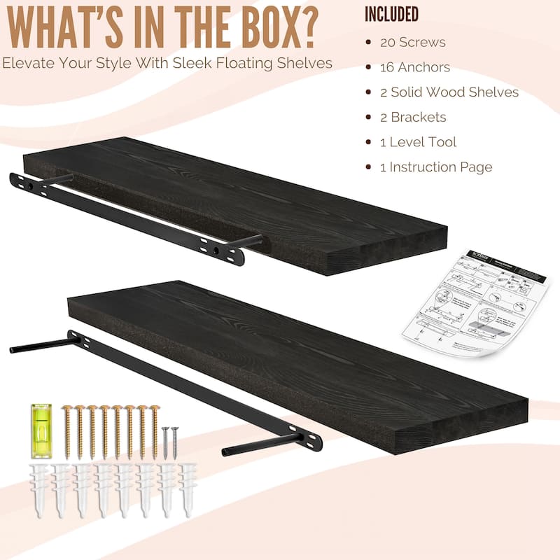 Solid Wood Floating Shelves for Wall - Long Wooden Wall-Mounted Shelves - 9” L X 35"W X 1.2” H