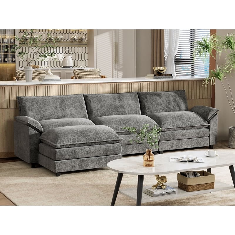 Furniwell 3-Seat Sectional Sofa with Ottoman Sectional Couch with Reversible Toffee Chair Convertible Sofa