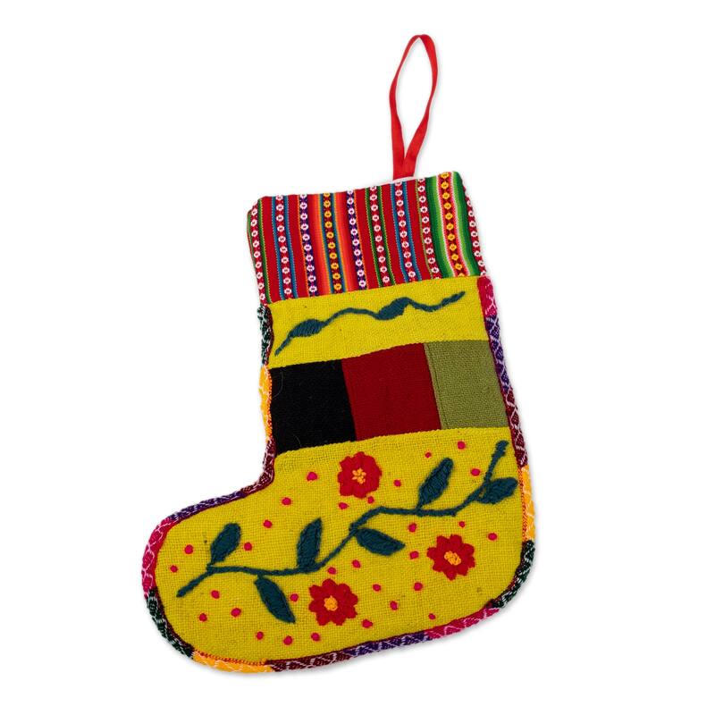 Novica Handmade Christmas Flora Embroidered Christmas Stocking