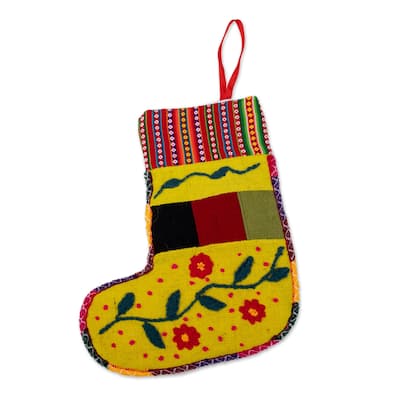 Novica Handmade Christmas Flora Embroidered Christmas Stocking