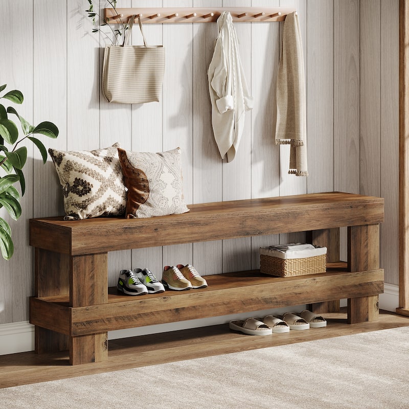 59-inch Entryway Shoe Bench with 2-tier Storage Shelf - Brown