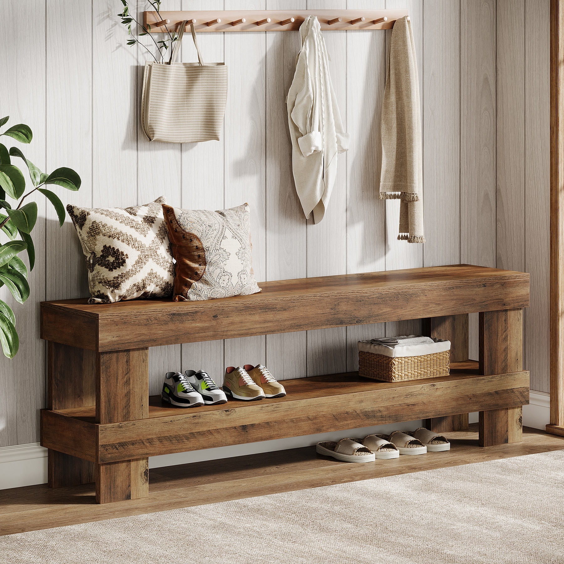 59-inch Wooden Shoe Bench for Entryway