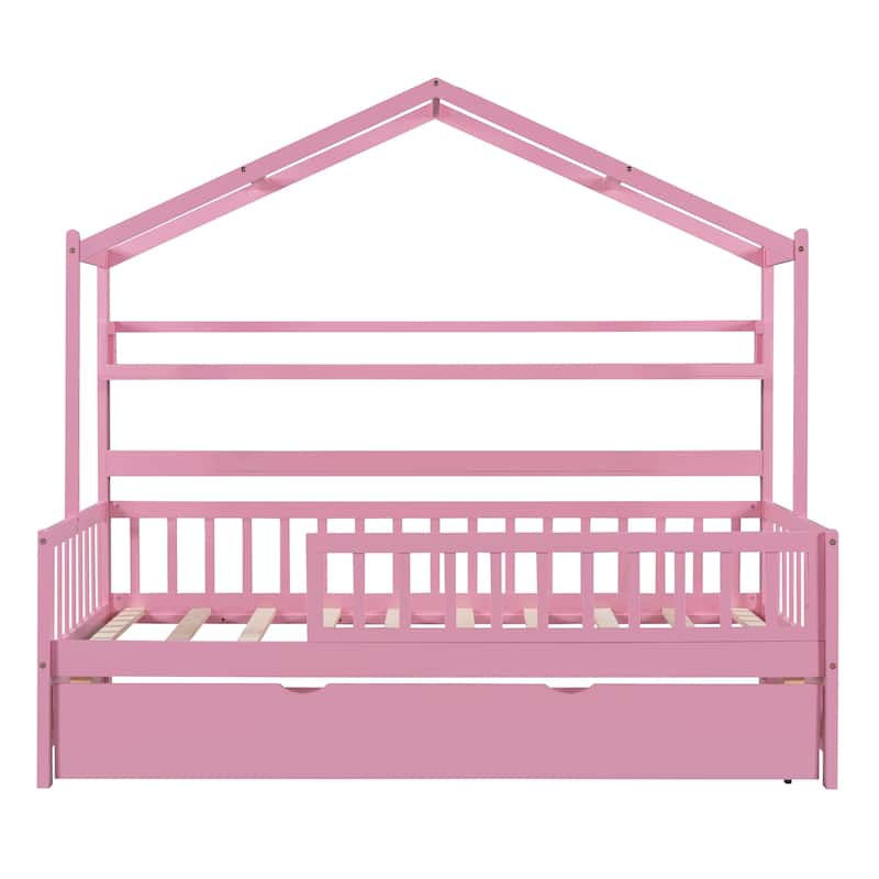 Wooden House Bed with Trundle, Kids Bed with Shelf