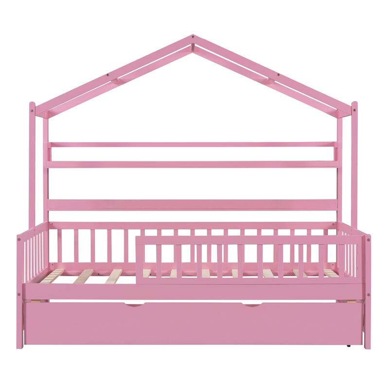 Cute Wooden Twin or Full House Bed with Trundle, Kids Bed Wood Platform Bed Frame with Safety Guardrail & Storage Shelf