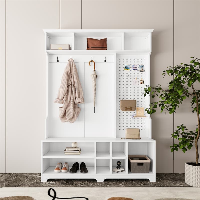 Hall Tree with Shoe Bench,Coat Rack,Shoe Storage,Storage Shelves - White