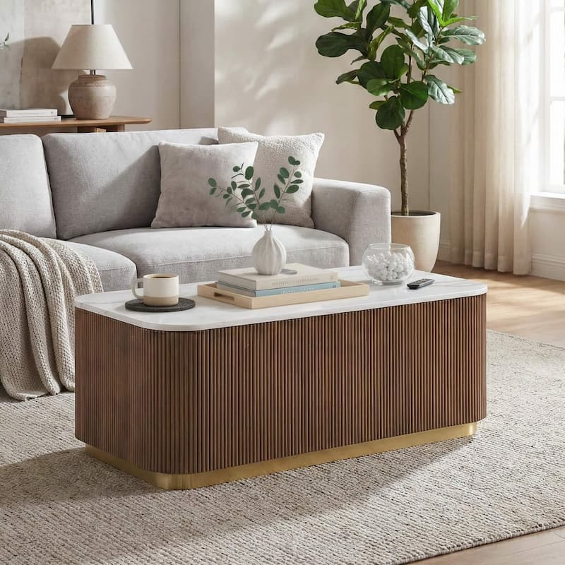 Modern Genuine Marble Top Coffee Table with Accent Gold Stainless Steel Base