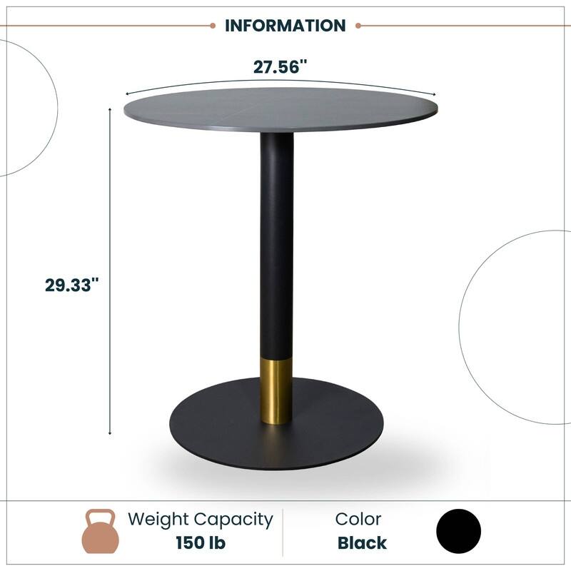 Vail Round Dining Table 27 in. Sintered Stone Tabletop in Black Stainless Steel Round Pedestal Base with Gold Accents
