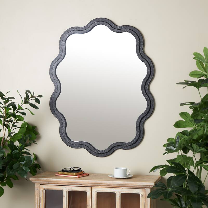 Wooden Handmade Wavy Wall Mirror with Dimensional Carved Frame - Black - Roche River Decor