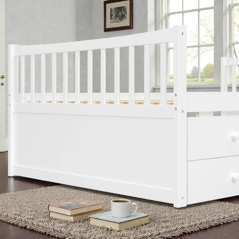 Daybed with Trundle and 3 Drawers, Solid Wood Twin/Full Daybed with Storage, Space-Saving Guest Bed