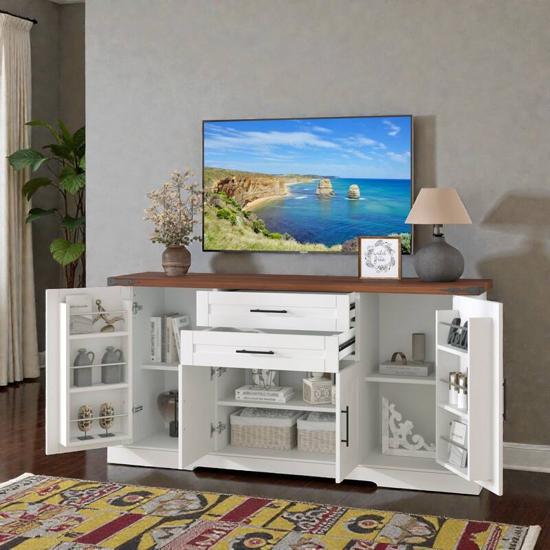 63 Inch Farmhouse Barn Door Buffet Cabinet with Drawers, Coffee Bar Storage Console with Adjustable Shelves