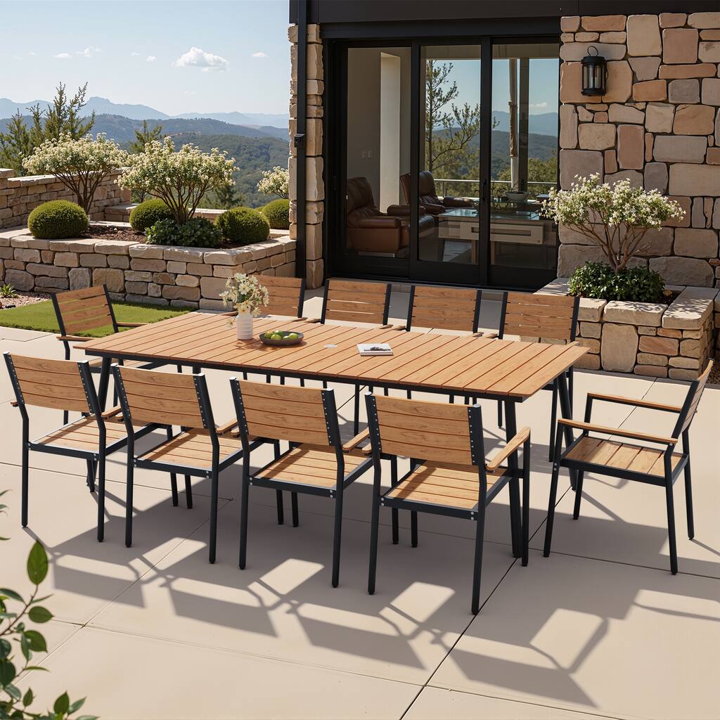 11-Piece Outdoor Patio Dining Set Wood-Like Table Top Alumium Umbrella Hole Table with Stackable Armrest Chairs