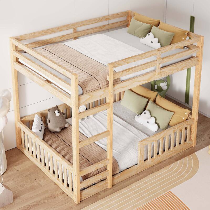 Full Over Full Wood Bunk Bed with Ladder and Guardrails