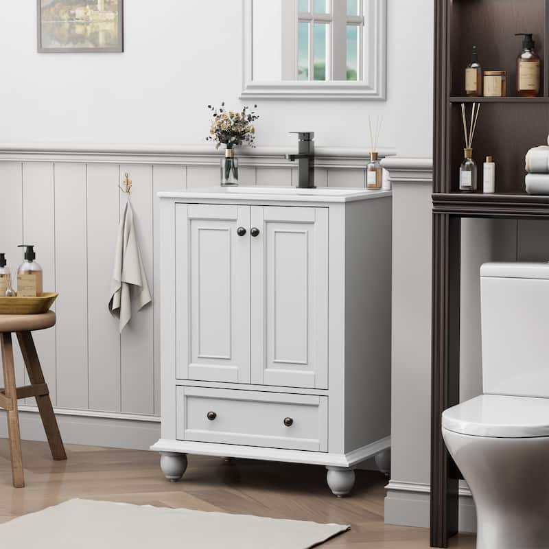 Retro Bathroom Vanity Cabinet Solid Wood Classic with Ceramic Sink