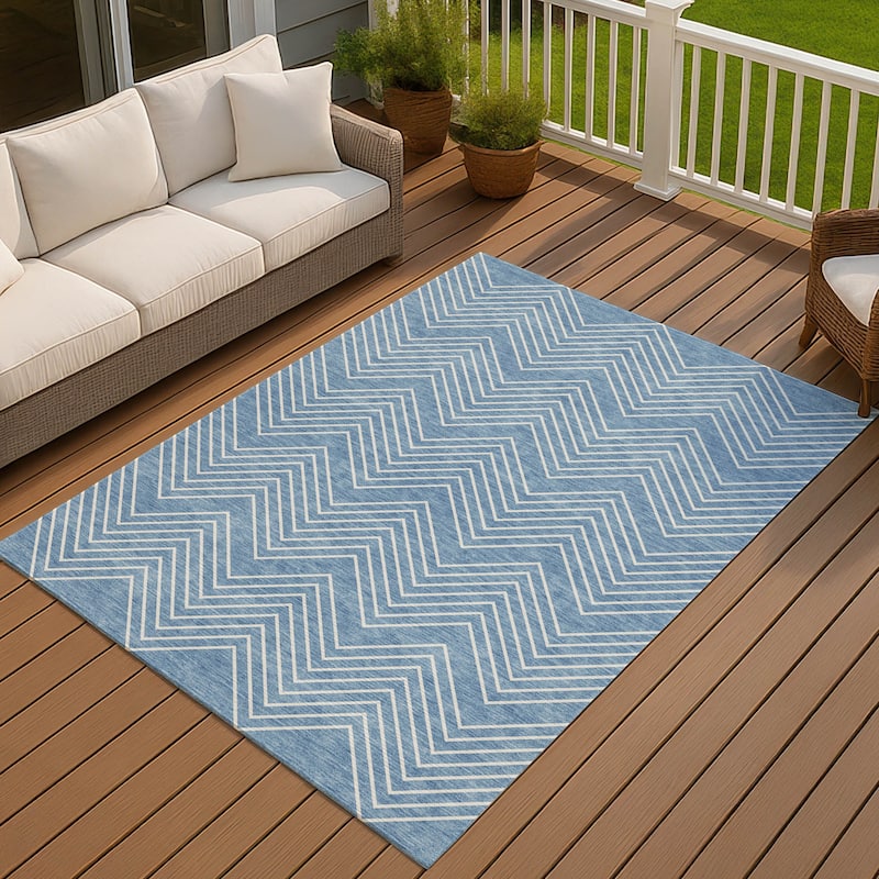 Machine Washable Indoor/ Outdoor Modern Chevron Chantille Rug - Blue - 9' x 12'