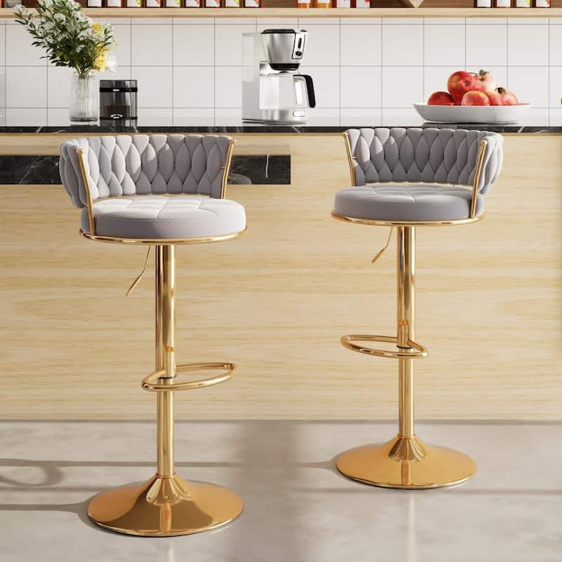 Javlergo 4 Colors Bar Stools Set of 2 Elegant Velvet Swivel Bar Stools with Adjustable Height Woven Back & Golden Base