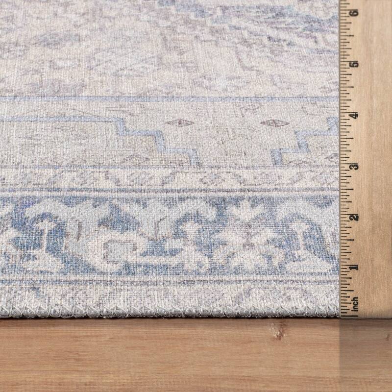 Beige Medallion Flat Pile Washable Rug - Pet Friendly, Non-Slip for Entryway and Bedroom