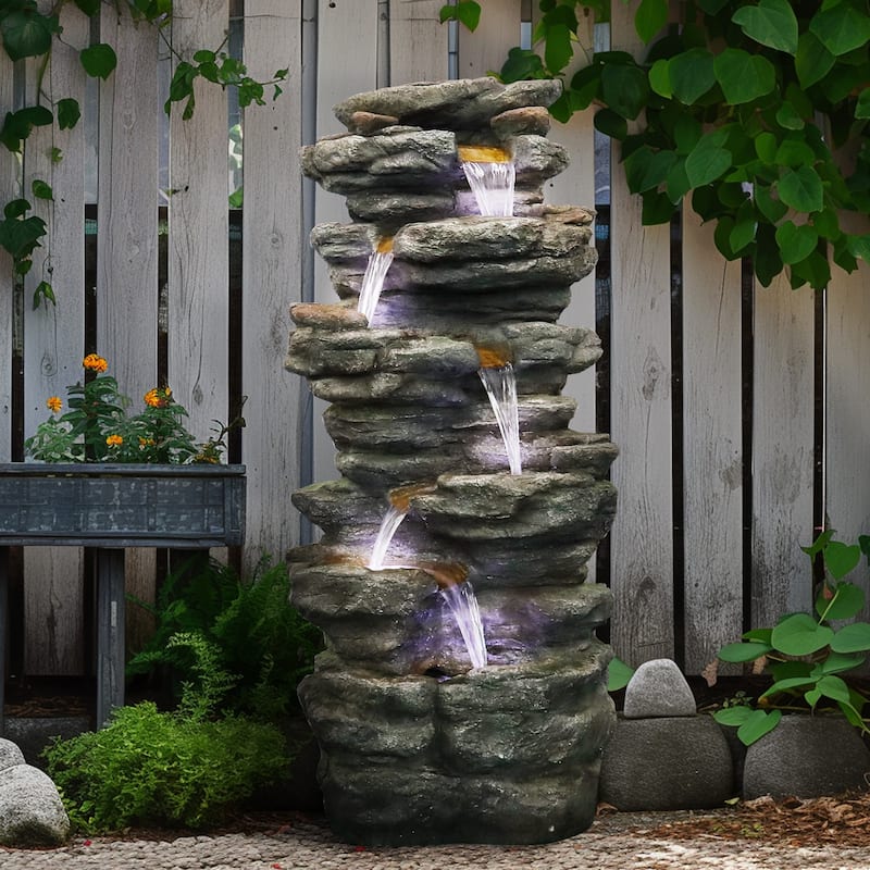 40" High 6-Tiers Cascading Rock Outdoor Water Fountain with LED Lights - Grey - Floor - Resin