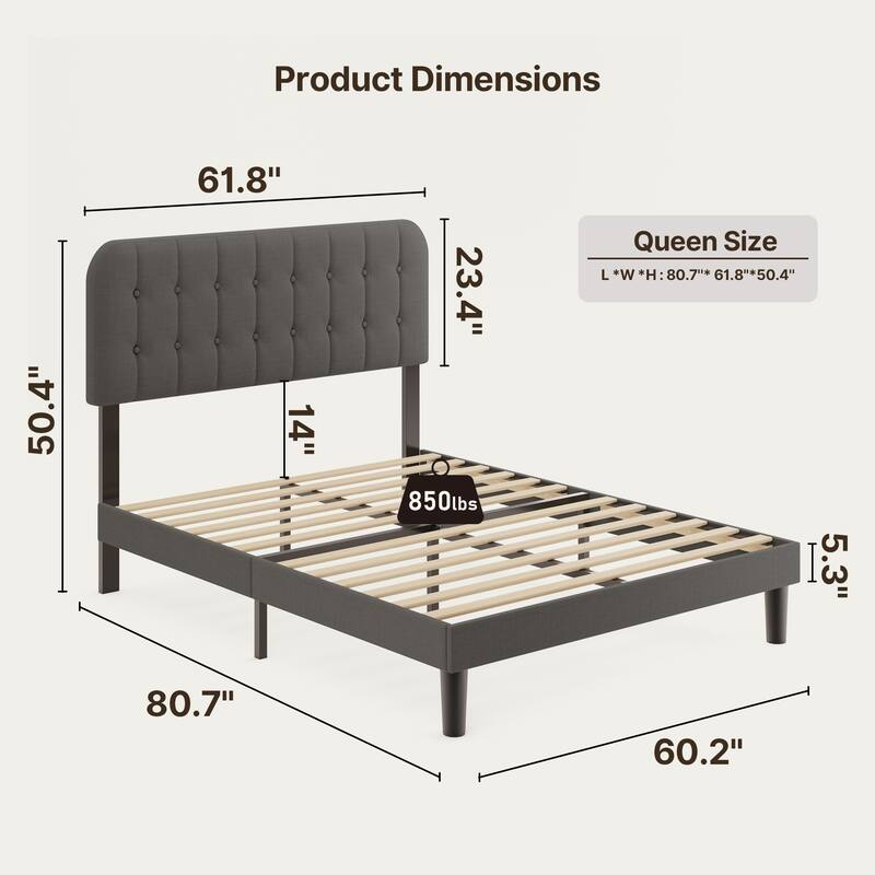 Full / Queen / King Bed Frame with Headboard, Upholstered Platform Bed with Sturdy Wooden Slats