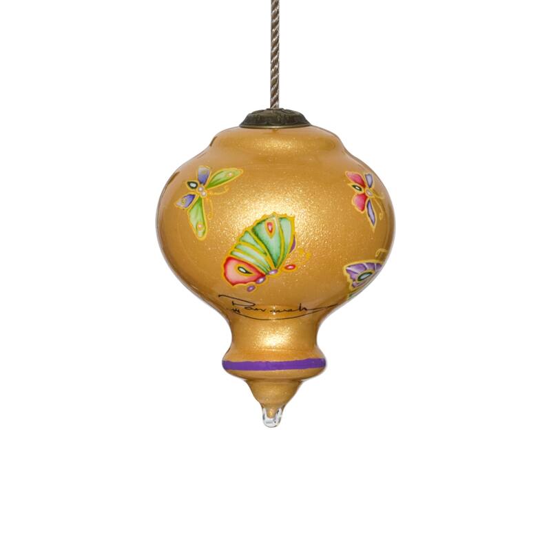 HomeRoots Golden Extravagant Butterflies Hand Painted Mouth Blown Glass Ornament - 3.75" x 2.75" x 2.75"