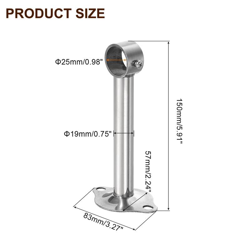 2 Pcs Ceiling Mount Curtain Rod Bracket, Stainless Steel Rod Holders - Silver - 0.98"Dia x 5.91"L