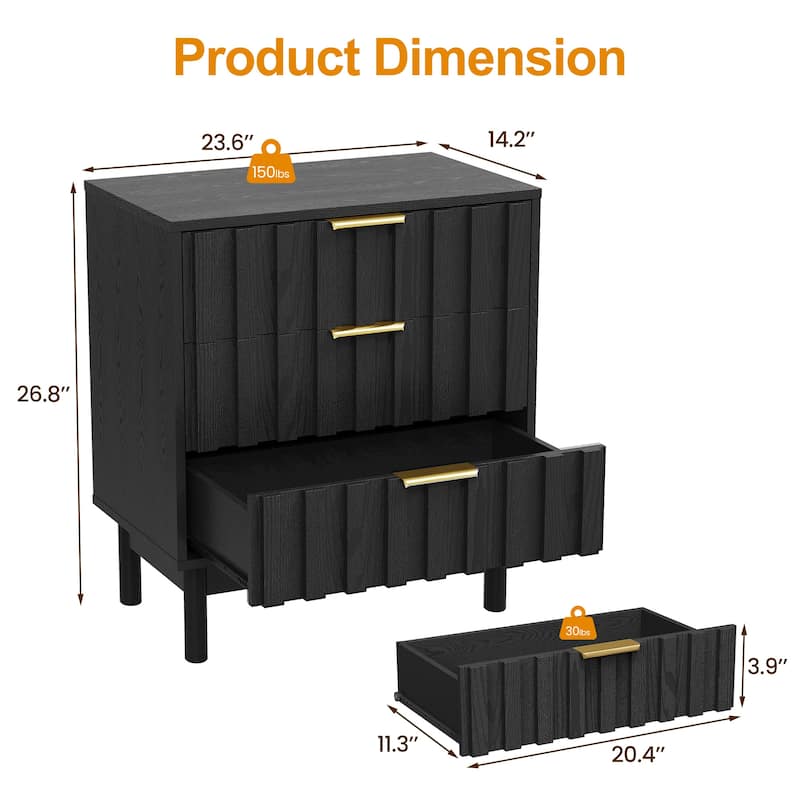 3 Drawer Dresser with Fluted Panel Design