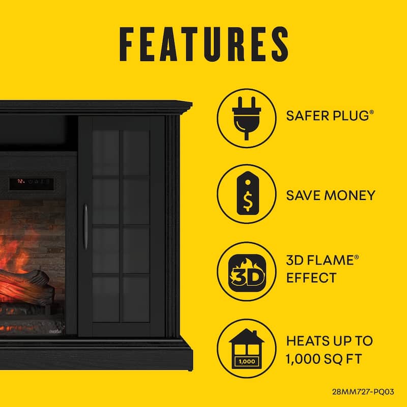 duraflame® Electric Fireplace Media Mantel for TVs up to 65 inches and Storage Cabinets, Black Embossed Ash