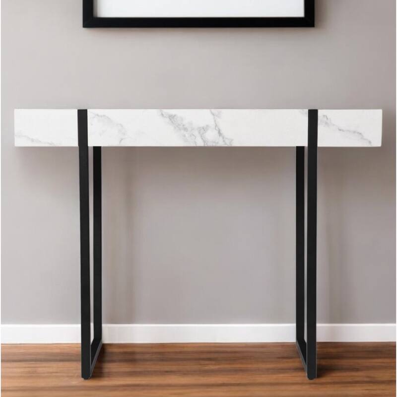 White Faux Marble Rectangular Console Table with Black Iron Sled Base - 9.25” L x 15.5” W x 29.75” H