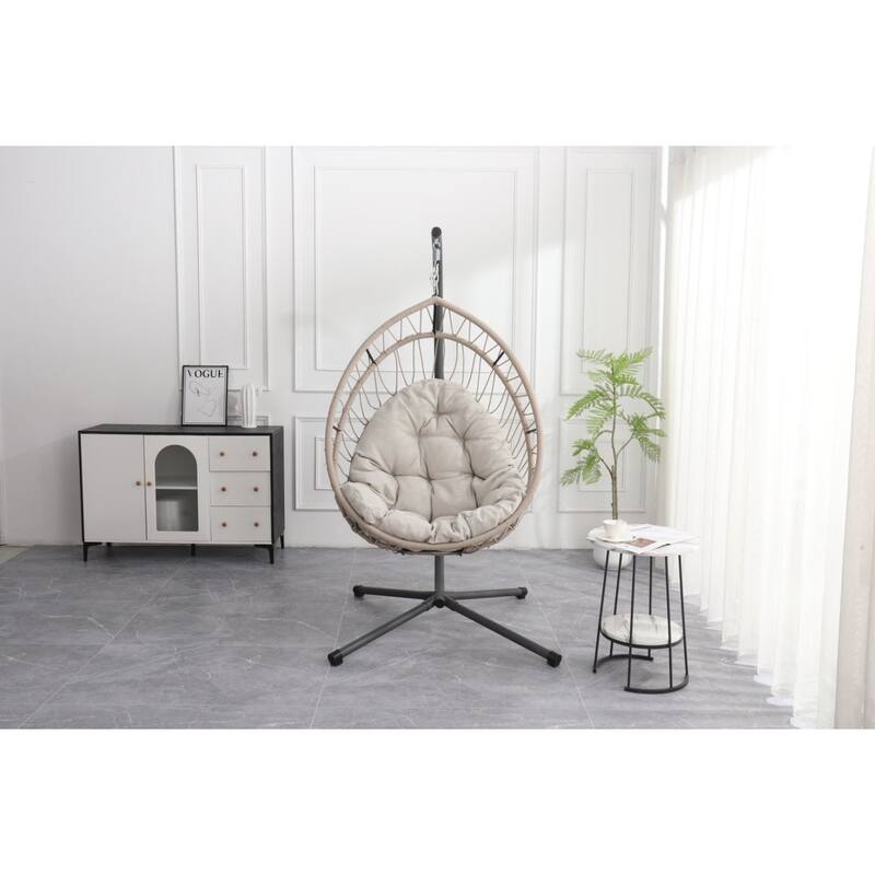 Outdoor egg-shaped hanging chair with stand, patio wicker swing egg-shaped chair, indoor rocking chair