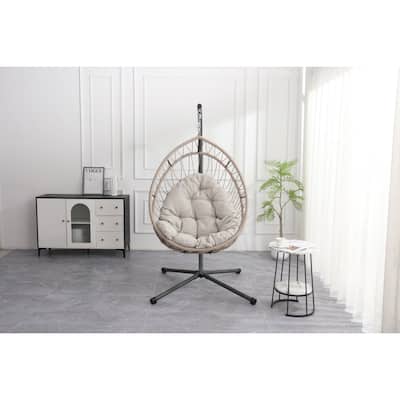 Outdoor egg-shaped hanging chair with stand, patio wicker swing egg-shaped chair, indoor rocking chair