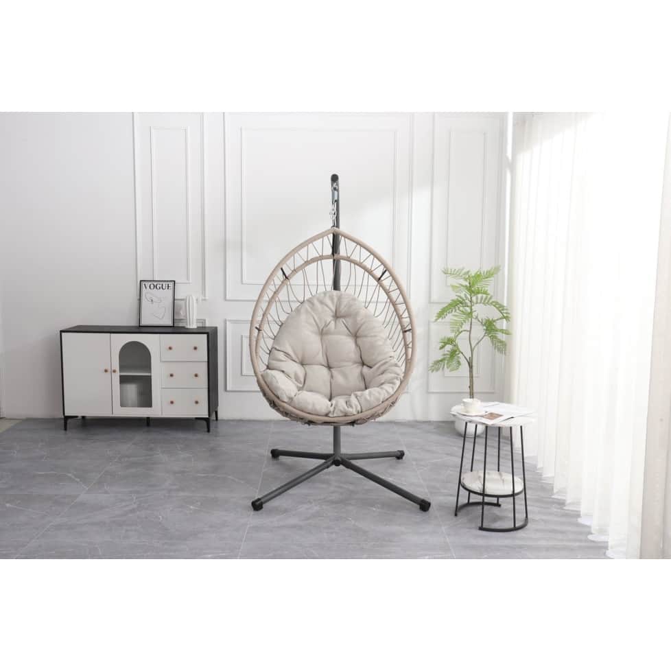 Outdoor egg-shaped hanging chair with stand, patio wicker swing egg-shaped chair, indoor rocking chair