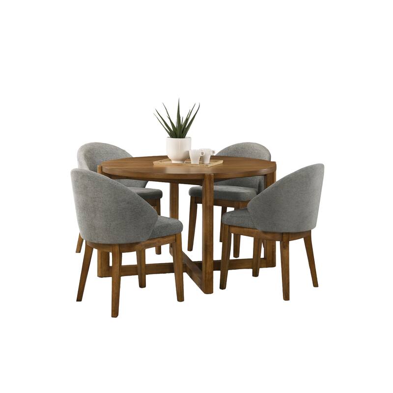 Andrew 5-Piece Round Dining Set with 47" Walnut Table & 4 Light Gray Fabric Chairs, Seats 4