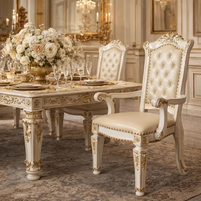 27 Inch Classic Vegan Leather Armchair, Button Tufted, Carved, White