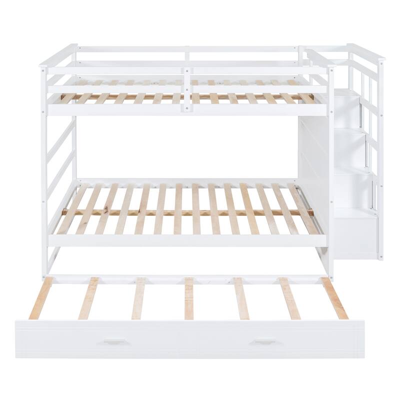 Wooden Full Over Full Bunk Bed Frame with Trundle, Side Storage Drawers, Staircase and Safety Guardrails, Space-Saving Design