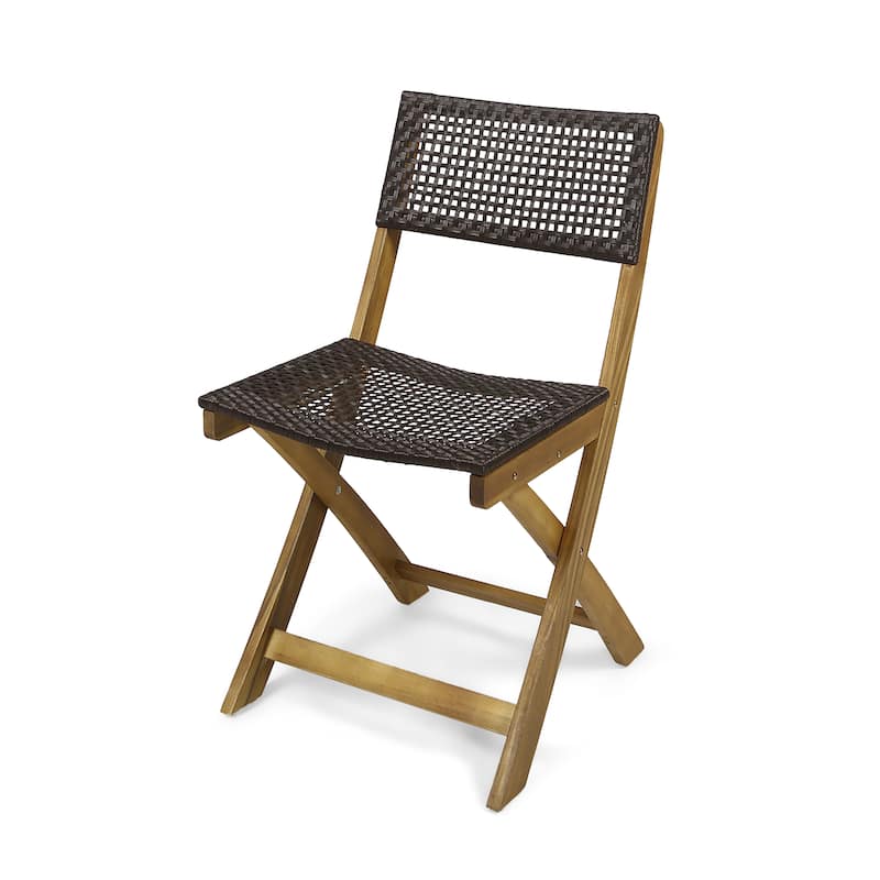 Bistro Side Chair, Foldable, Outdoor Gray Wicker Cane, Brown Acacia Wood