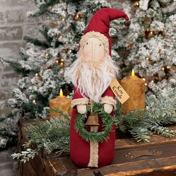 Primitive Santa Kris Plush Figure with Wreath Holiday Decoration