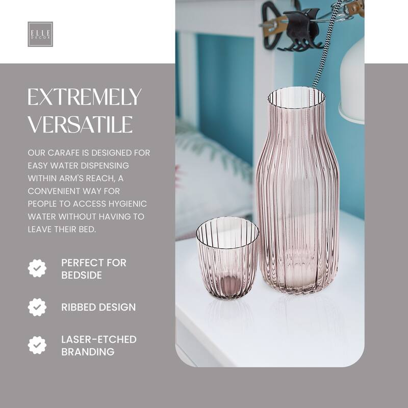 Elle Decor Ribbed Bedside Water Carafe with Tumbler Set 39Ounce