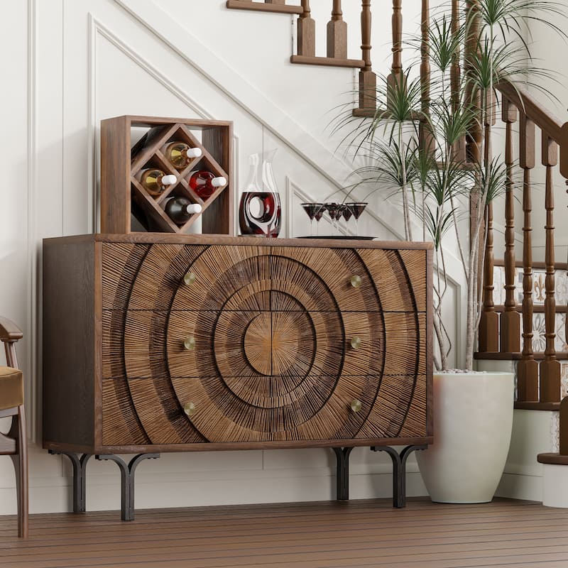 COZAYH Farmhouse 4-Door Storage Cabinet, 6-Drawer Dresser, Sideboard Buffet with Circle Pattern and Radioactive Wood Lines - 6-Drawer
