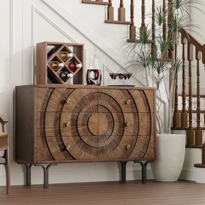 COZAYH Farmhouse 4-Door Storage Cabinet, 6-Drawer Dresser, Sideboard Buffet with Circle Pattern and Radioactive Wood Lines