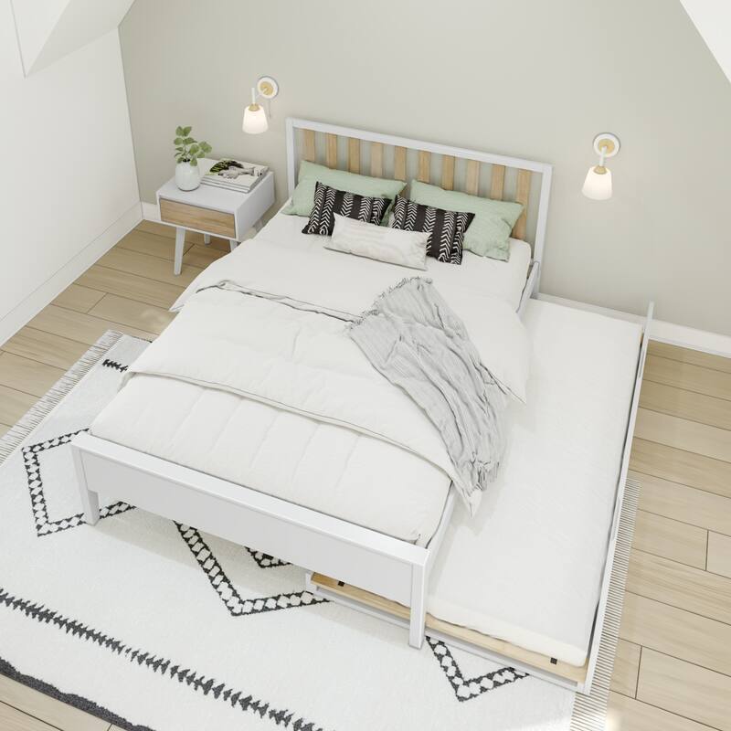 Scandinavian Full-Size Bed with Slatted Headboard and Trundle