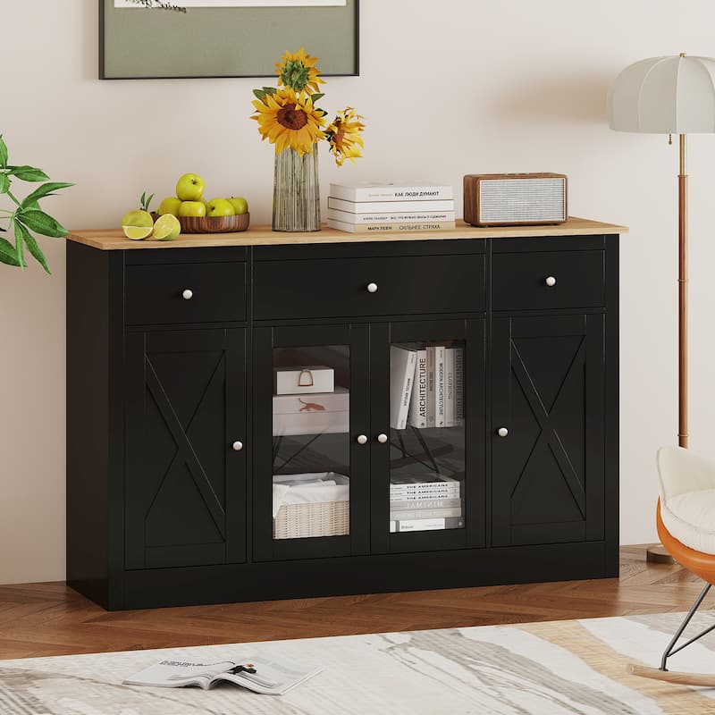 Black MDF and Engineered Wood Buffet Sideboard with Drawers and Cabinets - 55.5" × 16" × 35.5"