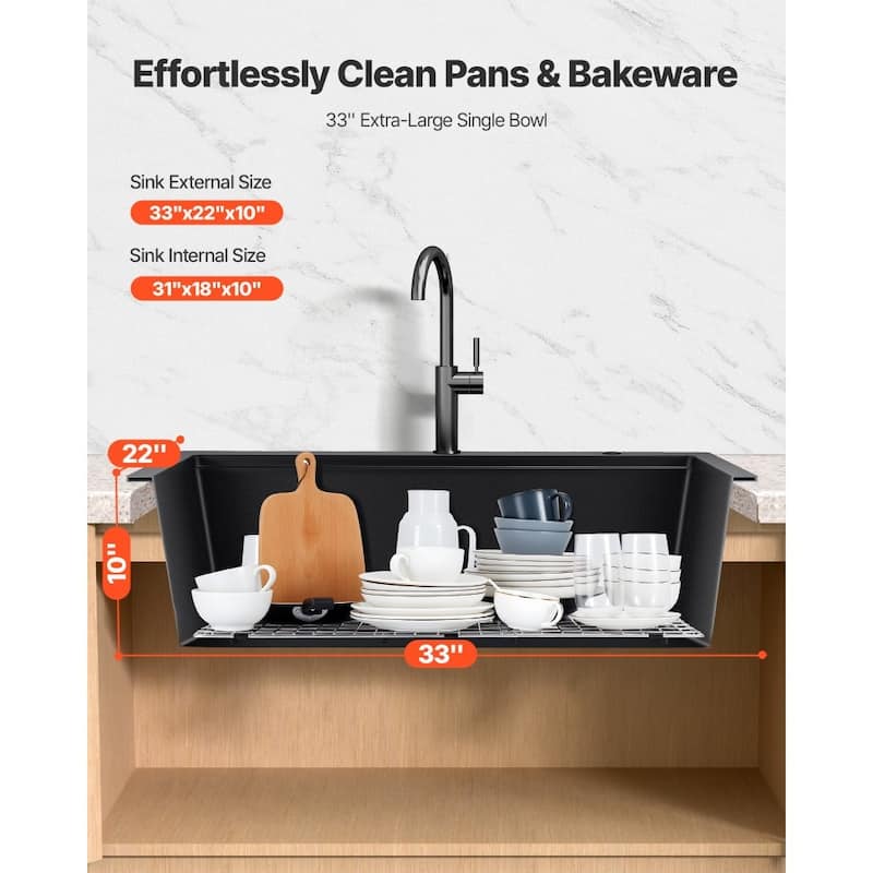 33" Top-Mount Black Kitchen Sink Granite Single Bowl with Roll-Up Rack and Cutting Board - 33" x 22" x 10"