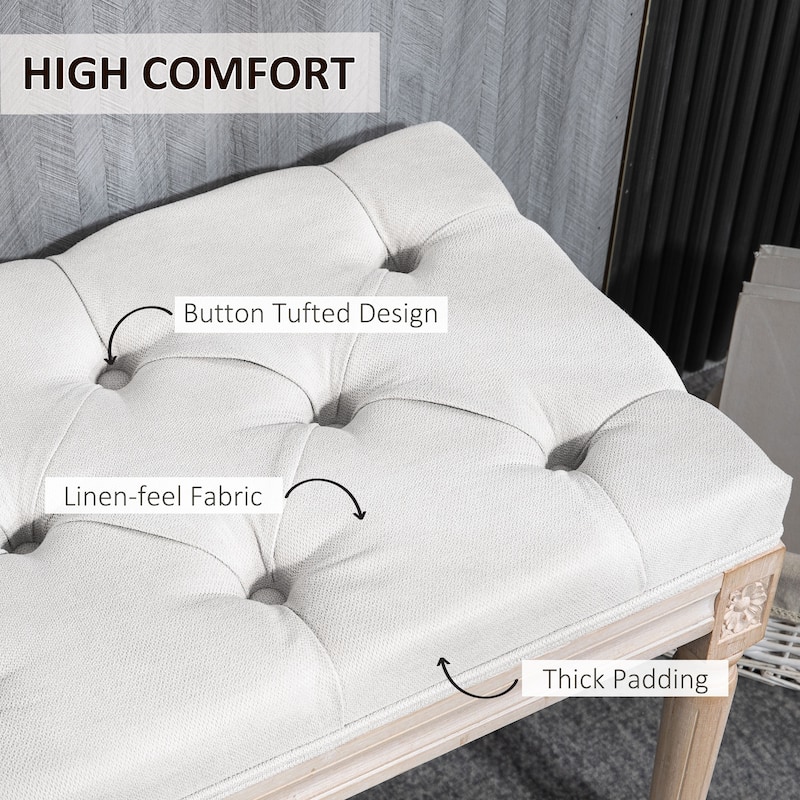 Cream White Linen Feel Upholstered Bench with Button Tufted Seat French Vintage Accent End of Bed or Entryway Bench
