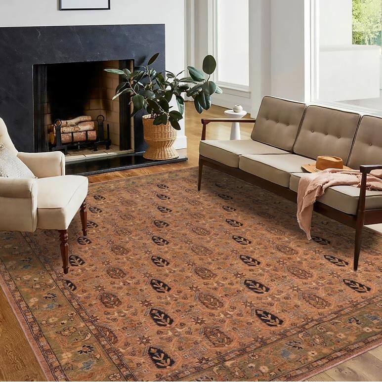 Shabby Chic Ziegler Melissia Tan Green Hand-Knotted Wool Rug - 7'11'' x 9'6''