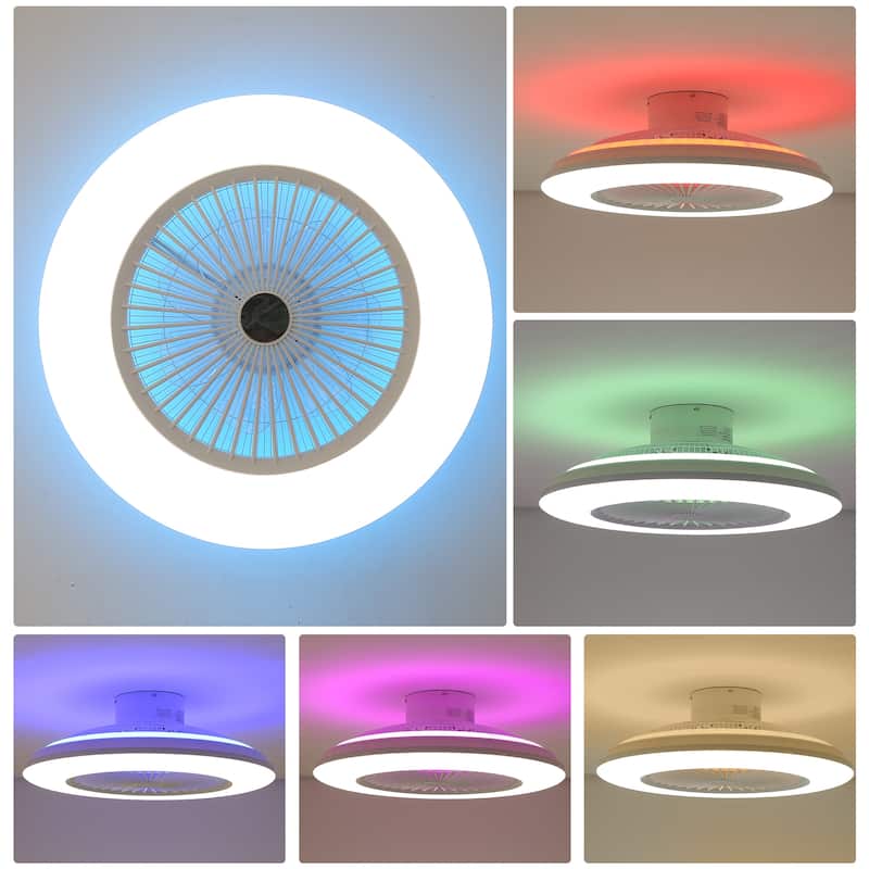 22" White Enclosed Low Profile Caged Smart LED Ceiling Fan Works with Alexa/Google/APP