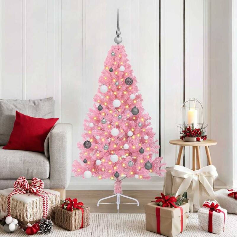 vidaXL Artificial Pre-lit Christmas Tree Pink in PVC - 59.06 in - Pink-with 60 white/grey balls